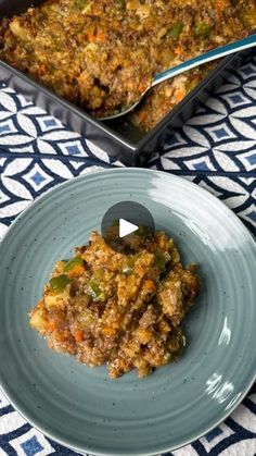 a plate with food on it next to a baking pan filled with casserole