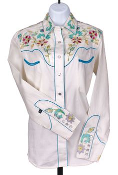 Wildflowers Vintage Embroidered Shirt for Women (by Rockmount Ranch Wear) White Shirt For Rodeo In Spring, Western Style White Embroidered Top, White Embroidered Western Top, White Western Shirt For Spring, Western Style White Shirt For Spring, White Western Style Shirt For Spring, Fitted Shirt With Multicolor Embroidery For Spring, Fitted Shirt With Multicolor Floral Embroidery, Spring Rodeo Shirt With Snap Buttons