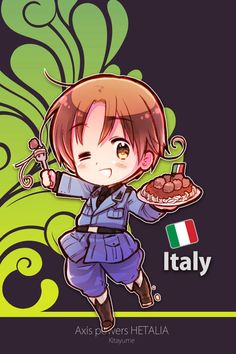 an anime character holding a cake with the italian flag on it's back ground