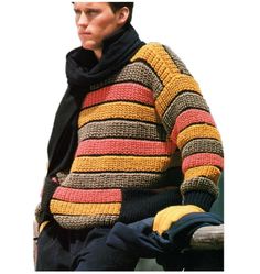 Men's rib striped jersey pullover sweater in Aran / Worsted / 10ply yarn. Colourful Fisherman's Rib is separated by black Stocking Stitch / Stockinette stripes. Striped Ribbed Sweater For Winter, Winter Striped Sweater With Ribbed Cuffs, Striped Sweater With Ribbed Cuffs For Winter, Striped Knitted Crew Neck Sweater, Striped Knit Sweater For Fall, Fisherman's Rib, Fishermans Rib, Black Stocking, Striped Jersey