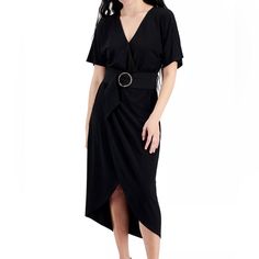 Brand New With Tags. Beautiful Belted Wrap Dress. Wide Belt Has A Gold Ring Accent. Pullover Jersey Fabric. Faux Wrap Silhouette. V- Neck With Hook And Eye At Front Neckline. Tulip High Low Hem Designed To Fit And Flatter 5’ 4” And Under Frame. Belted Midi Dress For Night Out, Chic Belted Maxi Dress For Night Out, Black Belted V-neck Midi Dress, Black Dressy Maxi Dress For Work, Black Belted Midi Dress For Evening, Black Belted Midi Dress For Date Night, Black Belted Midi Dress For Night Out, Chic Black Belted Dress, Belted Wrap Dress