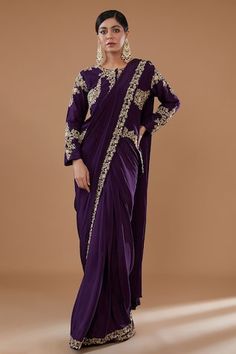 Purple pre-draped saree with zari embroidered floral vine motifs embellished by sequins. Comes with zari floral embroidered blouse highlighted by cut-out hem. - Aza Fashions Draped Saree, Drape Saree, Ethnic Outfits, Lehenga Saree, Blouse For Women, Floral Vine, Saree With Blouse, Embroidered Blouse, Aza Fashion