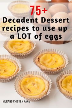 mini desserts with text overlay that reads 75 + decadent dessert recipes to use up a lot of eggs