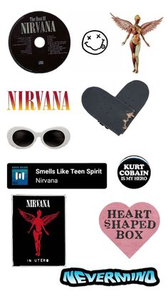 various stickers and decals are arranged on a white background with the words nirvana written below them