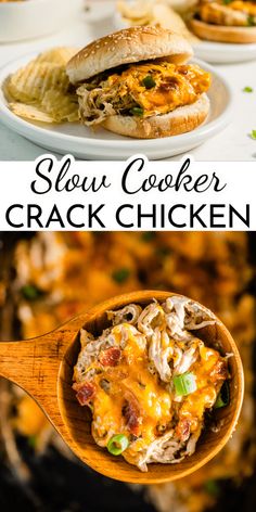 slow cooker cracker chicken in a wooden spoon and on a white plate with green onions