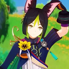 an anime character with black hair and green eyes holding her arms up in the air