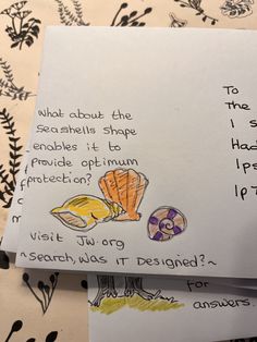 two children's handwritten notes with pictures of seashells and shells on them