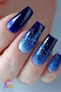 Nails For Beginners, Glitter Gradient Nails, Classy Nail Art Ideas, Natural Gel Nails, Fancy Nail Art, Navy Blue Nails, Baby Blue Nails, Art Deco Nails, Blue Acrylic Nails