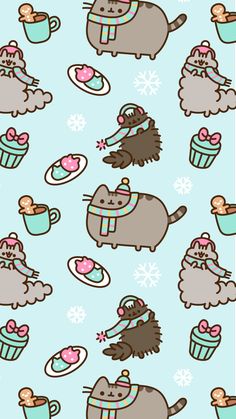 a blue background with cats and cupcakes