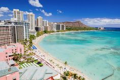 an aerial view of the beach and hotels in waikiki, oahua