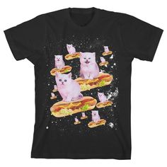 Do you need a black space cat t shirt screen printed with fluffy white kittehs riding fully loaded hot dogs through a starry galaxy? No. Do you want one? Yes. Honestly, that's reason enough to buy this Generic Hot Dog Kitty Tee, but we'll seal the deal for you: The cotton on this cat t-shirt is pre-shrunk, so it'll never shrink in the dryer. Boom. Done. You're welcome. Screen Printed Tshirts, Pug Shirt, Cat Tee, Space Cat, Dog T Shirt, Cat T, Cat Shirts