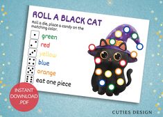 roll a black cat matching color game for kids to practice counting and addition skills with instructions