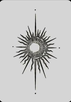 a black and white drawing of a sun with rays coming out of it's center