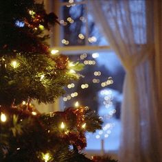 a lit christmas tree in front of a window