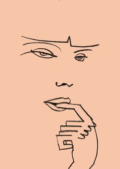 a drawing of a woman's face with her hand over her mouth