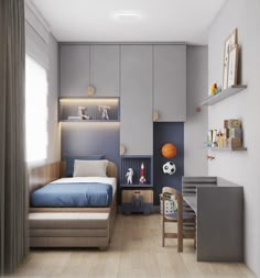 a small bedroom with a bed, desk and shelves on the wall next to it