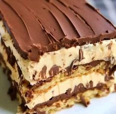 a piece of cake on a plate with chocolate and white frosting in the middle