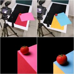 four different images of a tomato on a tripod and an image of a camera