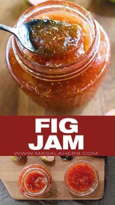 two jars filled with jam sitting on top of a wooden cutting board