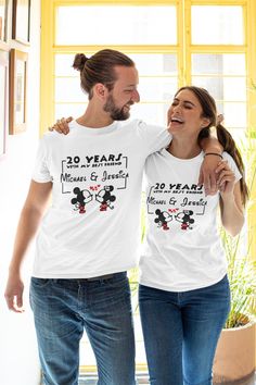 Best Friend Matching Shirts, Disneyland Couple shirts, Mickey and Minnie couple shirts, Aniversary Family Shirts, Mickey Minnie Travel shirt Matching Shirts - The perfect gift for your vacation or party. 4XL and 5XL Unisex shirts are Gildan. If you need a shirt in a color not listed, please contact me. HOW TO ORDER: 1- Choose your t-shirt size and color (size charts available in the listing) 2- Enter personalization (if available) 3- Click add to cart. If you need more products add all of them b Family Matching Crew Neck Tops For Anniversary, White Pre-shrunk Tops For Anniversary, White Graphic Print Top For Anniversary, Anniversary Crew Neck Shirt With Graphic Print, Anniversary Graphic Print Crew Neck Shirt, Casual White Shirt For Anniversary, White Casual Shirt For Anniversary, White Graphic Print Shirt For Anniversary, White Letter Print Shirt For Anniversary