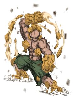 a drawing of a man in green shorts and yellow gloves kicking up some gold coins