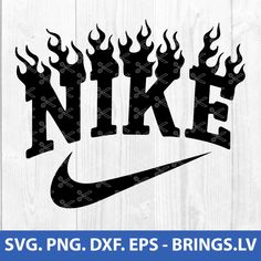 the nike logo with flames on it is shown in black, white and blue colors