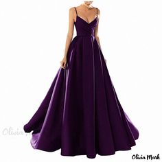 Olivia Mark - Evening Dress with Satin Fabric, Long Straps, Perfect for Hosting Parties and Events Dark Purple Satin Dress, Dark Purple Prom Dress, Purple Satin Dress, Deep Purple Dress, Dark Purple Dresses, Hosting Parties, Deep V Neck Dress, Princess Skirt, Purple Prom Dress