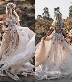 two pictures of a woman in a wedding dress with flowers on the back and side