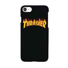 a phone case with the word thrash on it and flames in yellow, red and orange