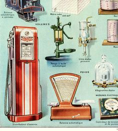 an old fashioned poster shows different types of household appliances and devices, including a gas pump