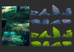 some rocks and plants in the middle of different stages of animation, with green leaves growing on them