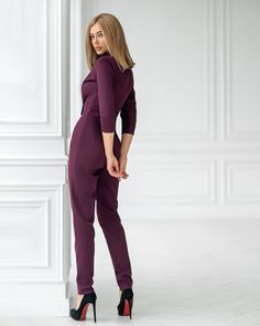 Fabric: Suit crepe diagonal Available sizes: XS, S, M, L Color: Terracotta, White, Black, Plum Jumpsuit length: 148cm/ 58.2in Our models are wearing Small size Plum Jumpsuit, Black Plum, White Jumpsuit, Long Sleeve Jumpsuit, Long Jumpsuits, Trendy Accessories, Best Sellers, Casual Style, Plum