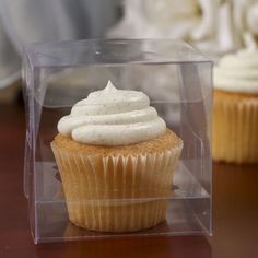 two cupcakes with white frosting in a clear plastic box on a table