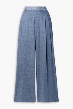 Find PARTOW Rhett Pleated Twotone Chambray Wideleg Pants on Editorialist. Wide-leg pants two-tone chambray pleated faux pockets two front slant pockets belt loops high-rise cut concealed hook, button and zip fastening at front mid-weight, non-stretchy fabric dry clean PARTOW's 'Rhett' pants are designed with wide legs that are pleated to enhance the dramatic shape. They're cut from panels of tonal-blue chambray and sit high on the waist. Style yours with a collared shirt and chunky sandals. Denim Wide Leg Pants For Work, Denim Blue Wide-leg Workwear Bottoms, Wide-leg Denim Blue Bottoms For Work, Elegant Wide-leg Denim Pants, Denim Blue Wide Leg Bottoms For Work, Chic Spring Jeans With Welt Pockets, Summer Denim Jeans With Welt Pockets, Wide Leg Denim Blue Bottoms For Work, Summer Jeans With Welt Pockets