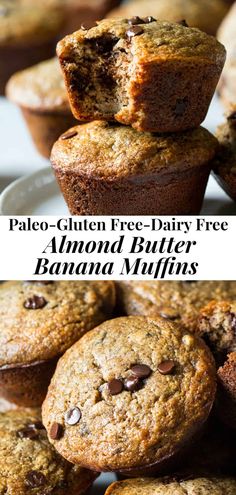 a close up of some banana muffins with chocolate chips on top and the words pale - gluen free dairy free almond butter banana muffins