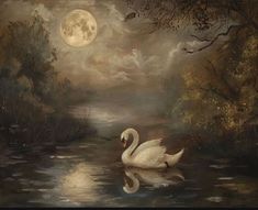 a white swan floating on top of a river under a moon filled sky with clouds