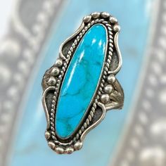 Sterling silver & turquoise ring | size 7 Western Silver Turquoise Ring Stamped 925, Collectible Turquoise Cabochon Ring, Sterling Silver Turquoise Ring Collectible, Sterling Silver Turquoise Ring For Collectors, Classic Turquoise Ring Stamped 925, Collectible Sterling Silver Turquoise Ring, Western Style Stamped 925 Turquoise Ring, Western Style Collectible Turquoise Ring, Southwestern Silver Turquoise Open Ring