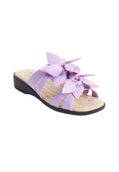 This ultra-chic floral slip-on sandal is sure to keep your feet feeling comfortable all day long. Leather-like upperPadded insoleFlexible, skid-resistant outsole1 1/4" stable heel Floral leather-like sandals available in full and half sizes 7-11, 12 M, W, WW | Extra Wide Width Women's The Paula Slip On Sandal by Comfortview in Purple (Size 8 WW) Purple Sandals, Swimsuits For All, Pale Yellow, Casual Sandals, 7 11, Cute Shoes, Slip On Sandal, Designer Shoes, Casual Shoes