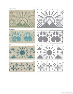 four cross stitch patterns in different colors and sizes