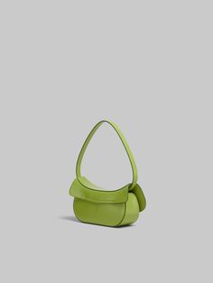 Butterfly hobo bag crafted from shiny brushed leather. Small size. Semi-rigid design with harmonious curved silhouette. Maxi metal stud twist lock, engraved with Marni lettering. Suede lining and inside card slot. Green Leather Baguette Bag With Detachable Handle, Green Leather Baguette Bag With Removable Pouch, Green Leather Hobo Bag For Evening, Modern Green Leather Baguette Bag, Modern Green Shoulder Bag With Smooth Grain, Heel Accessories, Trunk Bag, Green Bag, Green Leather