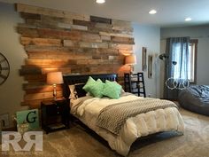 a bedroom with a large bed and wooden headboard