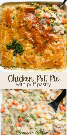 chicken pot pie with puff pastry in a casserole dish