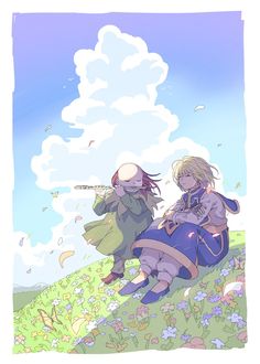 two people sitting on top of a grass covered hill next to each other with clouds in the background