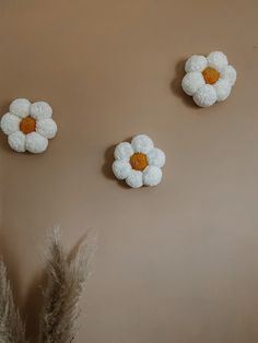 three white flowers are hanging on the wall