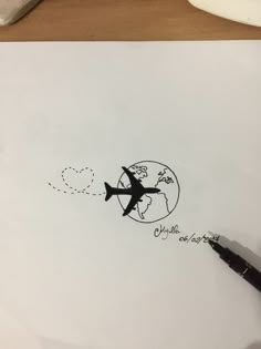 a drawing of an airplane flying over the earth with words written on it and a heart in the middle