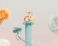 two people sitting on top of a pillar with jellyfish in front of the moon