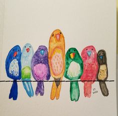 watercolor painting of five colorful birds sitting on a wire