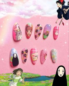 Studio Ghibli Totoro, Anime Nail, Ghibli Totoro, Cherry Blossom Nails, Cute Nail Polish, Retro Nails, Press On, Anime Nails, Broken Nails