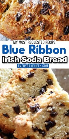 Irish Soda bread with raisins with Pinterest overlay. Moist Irish Soda Bread Recipe, Irish Bread Recipe, Irish Soda Bread Muffins, Yeast Free Breads, Soda Bread Recipe, Bread Maker Recipes, Moist Cake