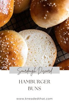 hamburger buns on a cooling rack with text overlay saying, sandwhich bread hamburger buns